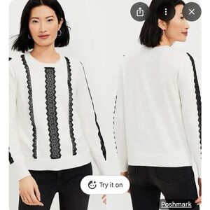 LOFT Ivory Pullover with Black Lace Details